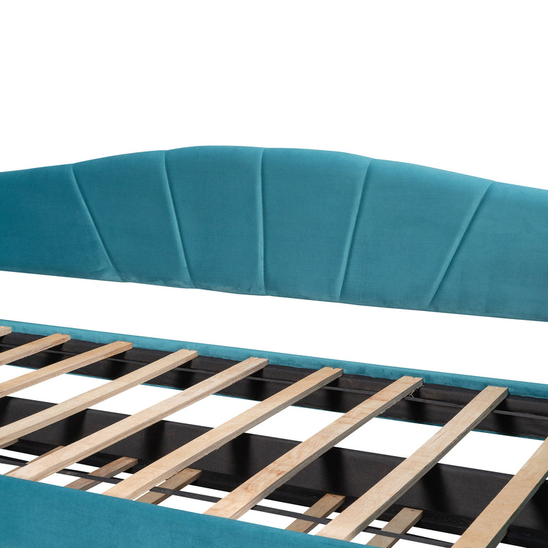 DreamHaus upholstered daybed sofa bed with trundle and wood slat base, showing plush fabric and sturdy wooden frame.