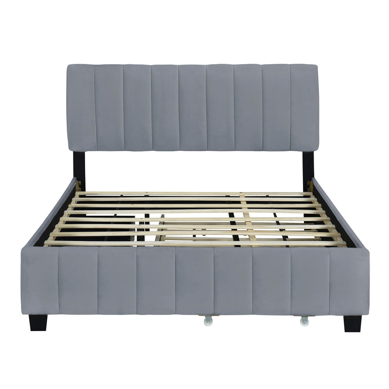 DreamHaus platform upholstered storage bed with two drawers and twin long trundle, showcasing a stylish and functional bedroom centerpiece.