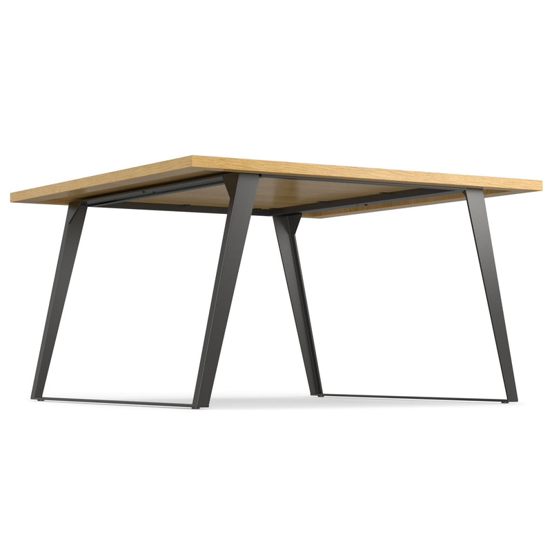 Simpli-Home Lowry handcrafted square dining table with wooden finish, ideal for modern dining rooms, shown with chairs.
