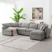 Luxe & Co. modern cloud sectional sofa with six seats and ottoman, U-shaped convertible sleeper couch for living room comfort.