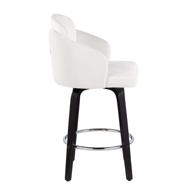 Lumi Source Dahlia contemporary counter stool set with round footrests, featuring sleek modern design and cushioned seats.