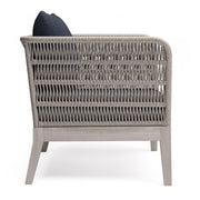 Slate gray outdoor conversation arm chair from Simpli-Home Santiago collection with cushioned seating and armrests.