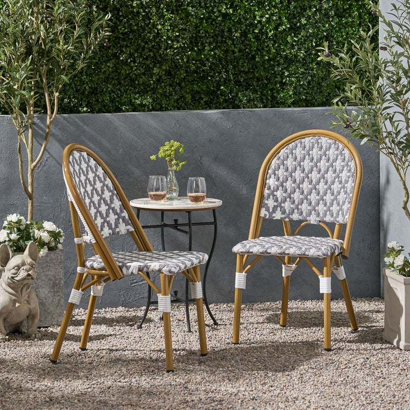 Noble House French Bistro Chair with durable rattan seat and aluminum frame, armless design, ideal for stylish indoor or outdoor dining.