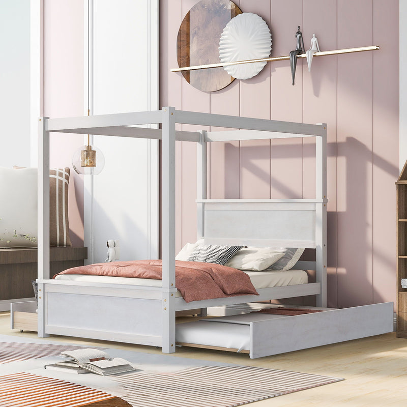 DreamHaus canopy platform bed with built-in drawers, support slats, and no box spring needed, shown in a modern bedroom setting.