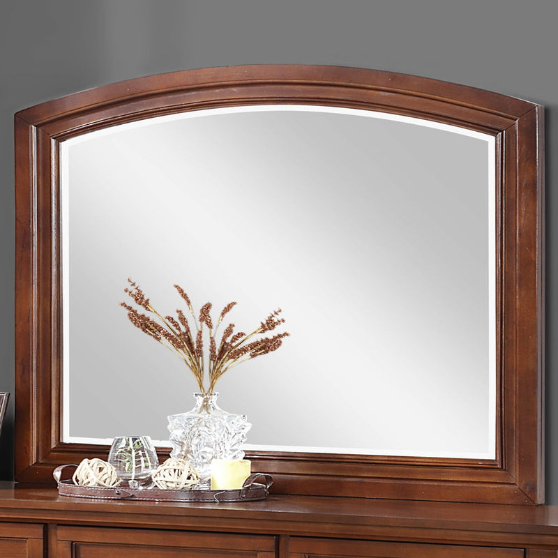 Cherry wood mirror from Glory Furniture with a sleek, rectangular design suitable for bedroom or hallway decor.
