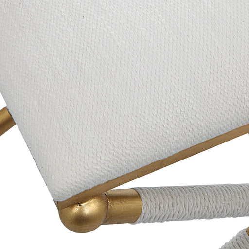 Beige Small Accent Bench by Uttermost, Socialite collection, featuring a compact design with cushioned seating and wooden legs.