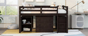 DreamHaus loft low study bed with built-in cabinet, shelves, and rolling desk, showcasing its multifunctional design and compact style.
