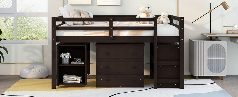 DreamHaus loft low study bed with built-in cabinet, shelves, and rolling desk, showcasing its multifunctional design and compact style.