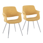 Set of two Lumi Source vintage flair Art Deco accent chairs with chrome legs in yellow, black, blue, or cream upholstery.