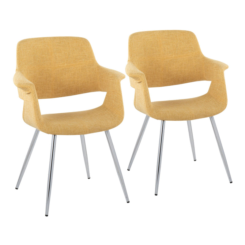 Set of two Lumi Source vintage flair Art Deco accent chairs with chrome legs in yellow, black, blue, or cream upholstery.