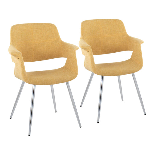 Set of two Lumi Source vintage flair Art Deco accent chairs with chrome legs in yellow, black, blue, or cream upholstery.