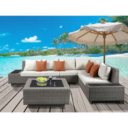 Salena - Patio Sectional Sofa With 4 Pillows & Coffee Table - Beige Fabric & Gray Wicker - R&R Furniture Gallery (Fountain Valley, CA)
