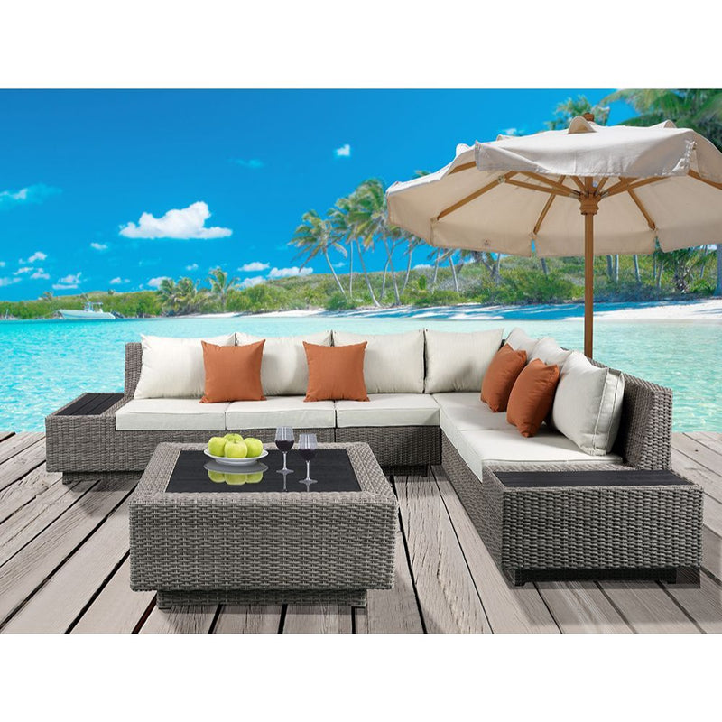 Salena - Patio Sectional Sofa With 4 Pillows & Coffee Table - Beige Fabric & Gray Wicker - R&R Furniture Gallery (Fountain Valley, CA)