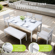 6 Piece Dining Set Outdoor Patio Furniture, 4 Dining Chairs & 1 Dining Bench Sunbrella Fabric And 2 Tone Rectangle Table With Umbrella Hole - Matte White / Grayish - R&R Furniture Gallery (Fountain Valley, CA)