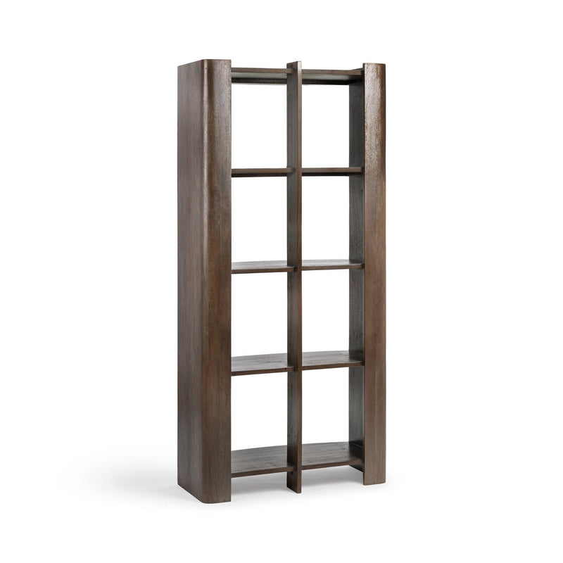 Classic Home Kyra cocoa brown bookshelf with multiple shelves and a sleek, modern design for organizing books and decor.