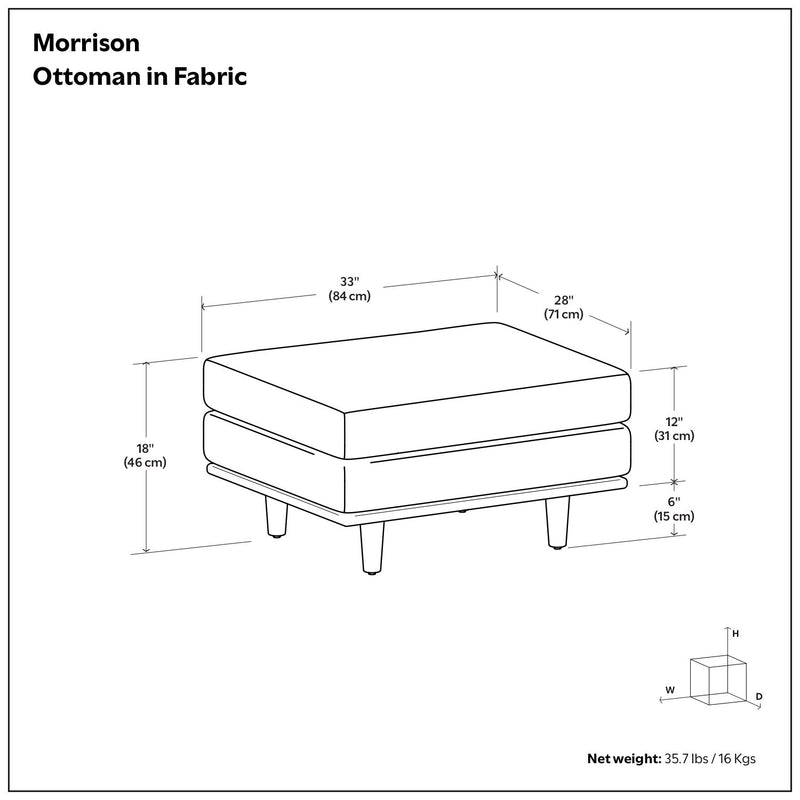 Simpli-Home Morrison handcrafted upholstered ottoman with soft fabric and wooden legs, serving as a stylish footrest or accent piece.