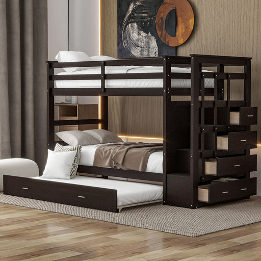 DreamHaus bunk bed with trundle and staircase, featuring sturdy wood construction and space-saving design for children's bedroom.