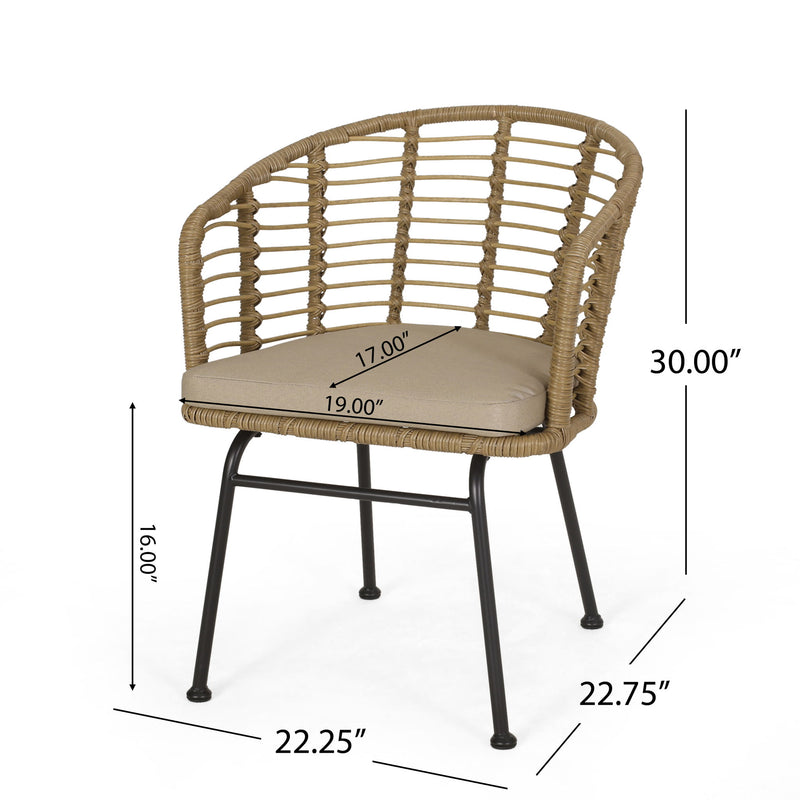 Noble House Randy modern wicker arm chair with water-resistant beige cushions in brown wicker frame, outdoor patio furniture.
