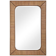 Light brown rattan wall mirror from Uttermost's Tahiti collection, featuring a round, woven rattan frame with a natural finish.