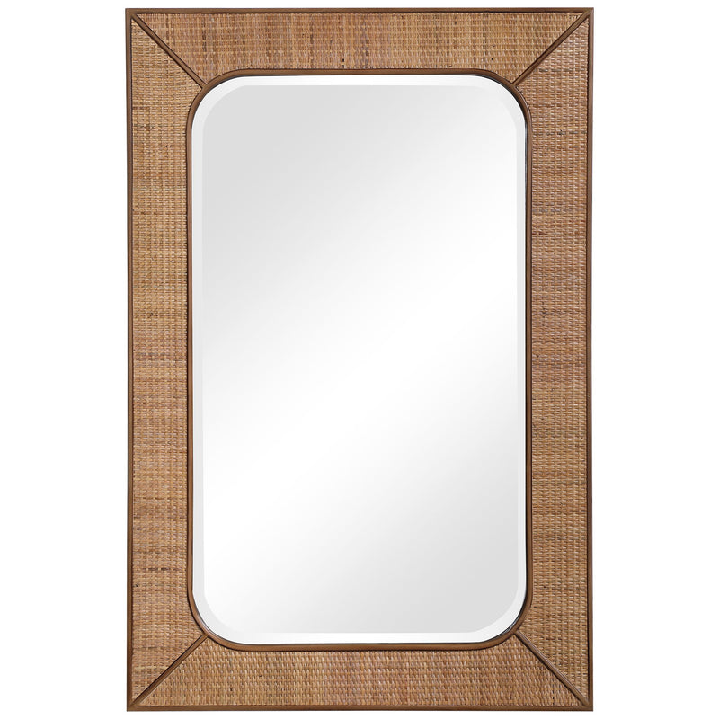 Light brown rattan wall mirror from Uttermost's Tahiti collection, featuring a round, woven rattan frame with a natural finish.
