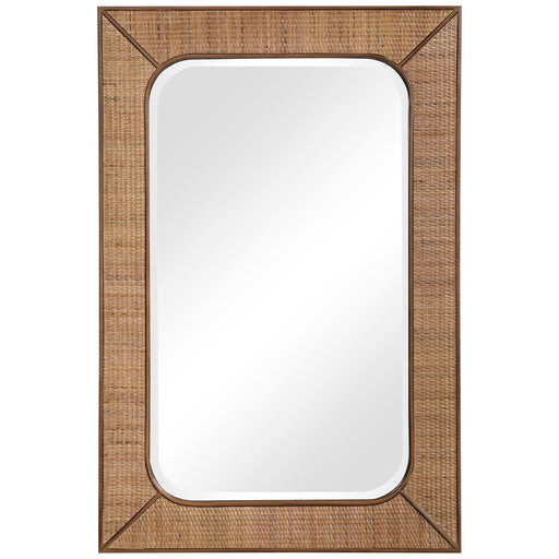 Light brown rattan wall mirror from Uttermost's Tahiti collection, featuring a round, woven rattan frame with a natural finish.