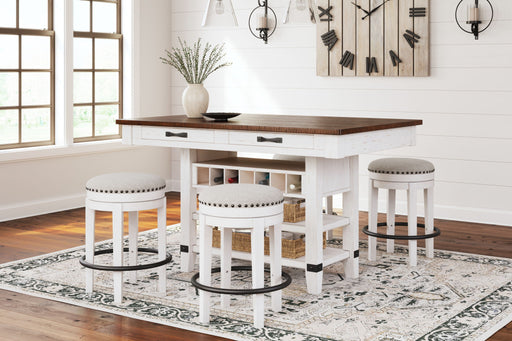White and brown 5-piece dining set with a counter table and wine rack, includes four swivel stools, by Signature Design Ashley.