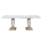 Global Furniture USA Stacey beige dining table with pedestal base, showcasing a sleek, modern design ideal for contemporary dining rooms.