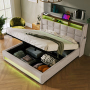 Artistry At Home upholstered platform storage bed with hydraulic lift, LED lights, and USB charging ports, without mattress.