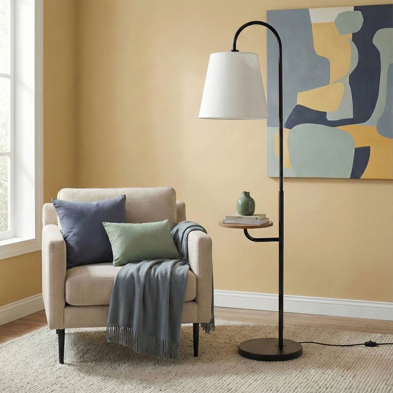 Seoul - Floor Lamp With Rotary Switch Wood Table Base - Black / White - R&R Furniture Gallery (Fountain Valley, CA)