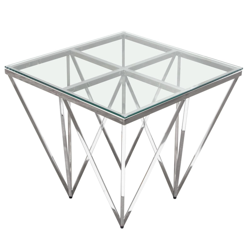 Omni Square End Table with Clear Tempered Glass Top and Polished Stainless Steel Base by Diamond Sofa
