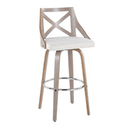 Lumi Source Charlotte farmhouse fixed-height bar stool set with round footrest, featuring wooden seats and metal legs, two stools included.