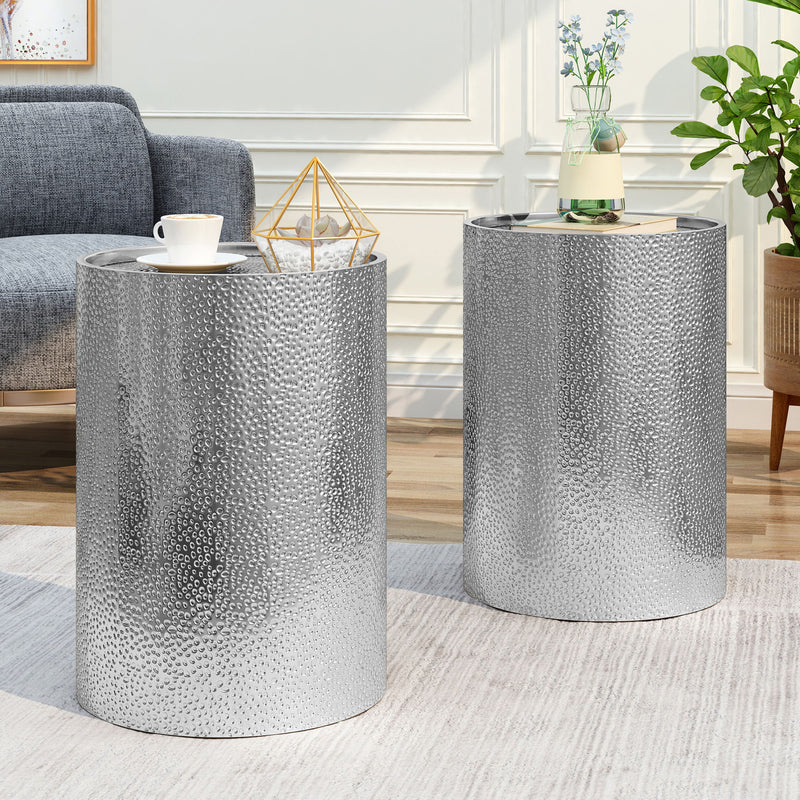 Modern round accent table by Noble House featuring a hammered surface and sleek design for stylish home decor.