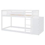 DreamHaus bunk bed with built-in four drawers and three shelves, showcasing a sturdy wooden frame and space-saving design.