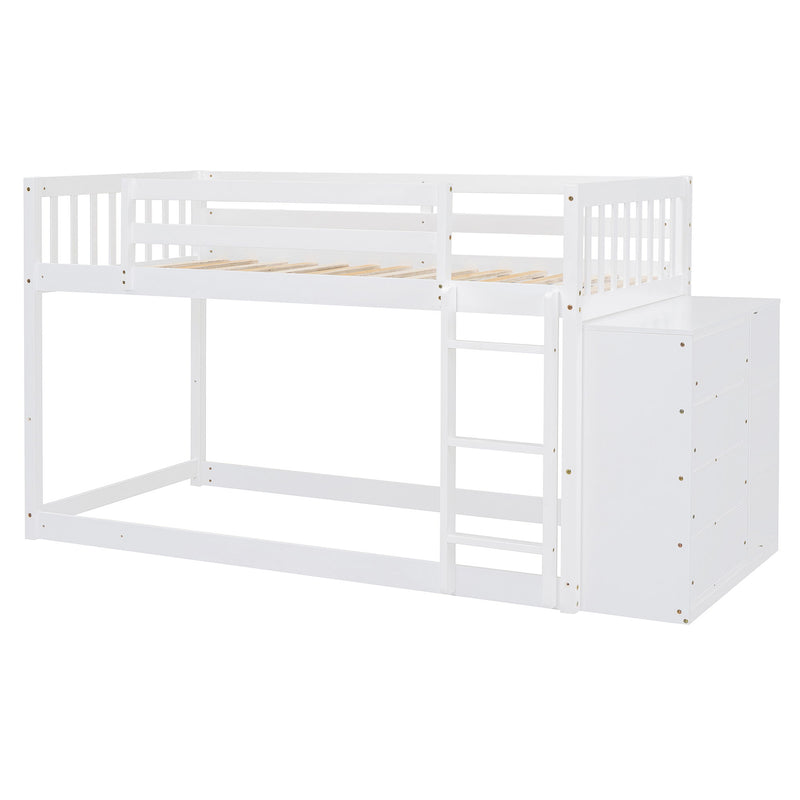 DreamHaus bunk bed with built-in four drawers and three shelves, showcasing a sturdy wooden frame and space-saving design.