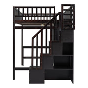DreamHaus loft bed with integrated bookshelf, drawers, desk, and wardrobe, showcasing a multi-functional bedroom furniture piece.