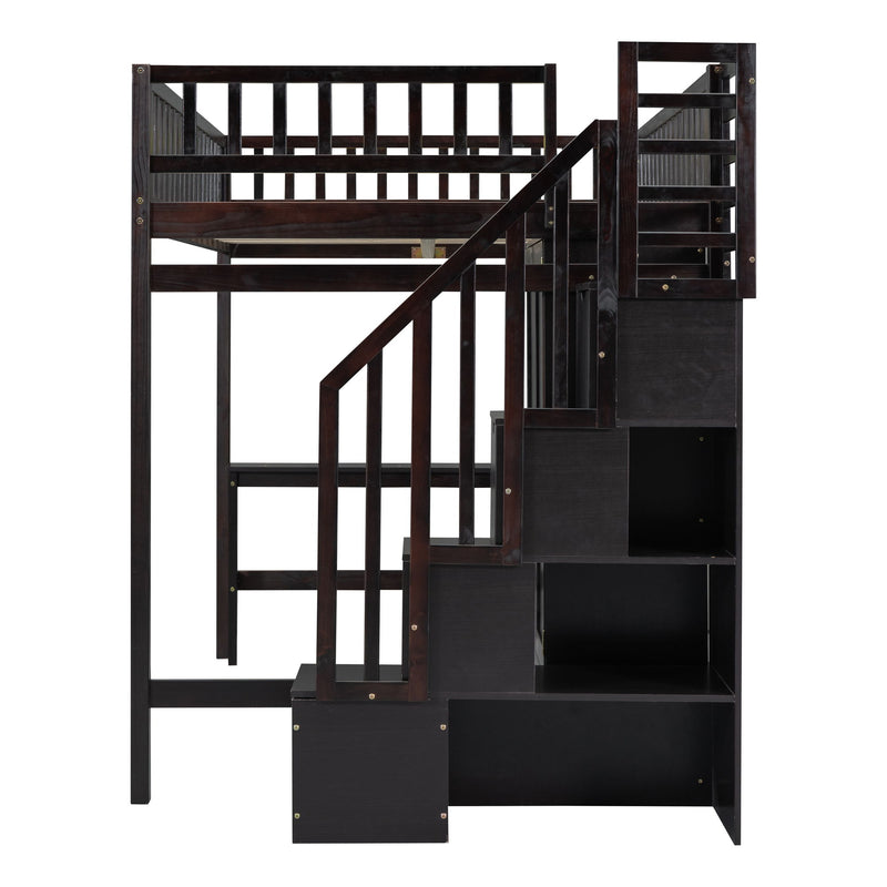 DreamHaus loft bed with integrated bookshelf, drawers, desk, and wardrobe, showcasing a multi-functional bedroom furniture piece.