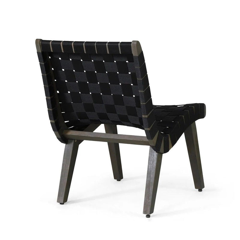 Outdoor Noble House 3-piece rope weave patio seating set with cushioned chairs and table on a garden patio.
