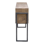 Contemporary Nevis console table by Uttermost with a light brown finish, featuring a sleek design and smooth surface.