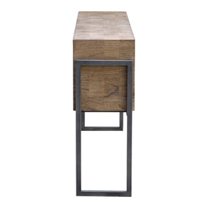 Contemporary Nevis console table by Uttermost with a light brown finish, featuring a sleek design and smooth surface.