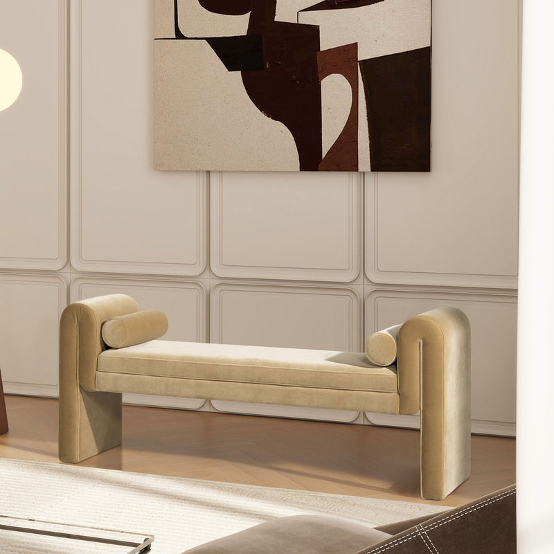 Mason - Arched Arm Bench With Bolster Pillows - Camel Brown Beige - R&R Furniture Gallery (Fountain Valley, CA)