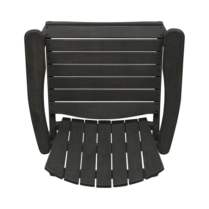 Pair of Noble House outdoor weather-resistant acacia wood Adirondack dining chairs set, showing the sturdy, slatted design for outdoor seating.
