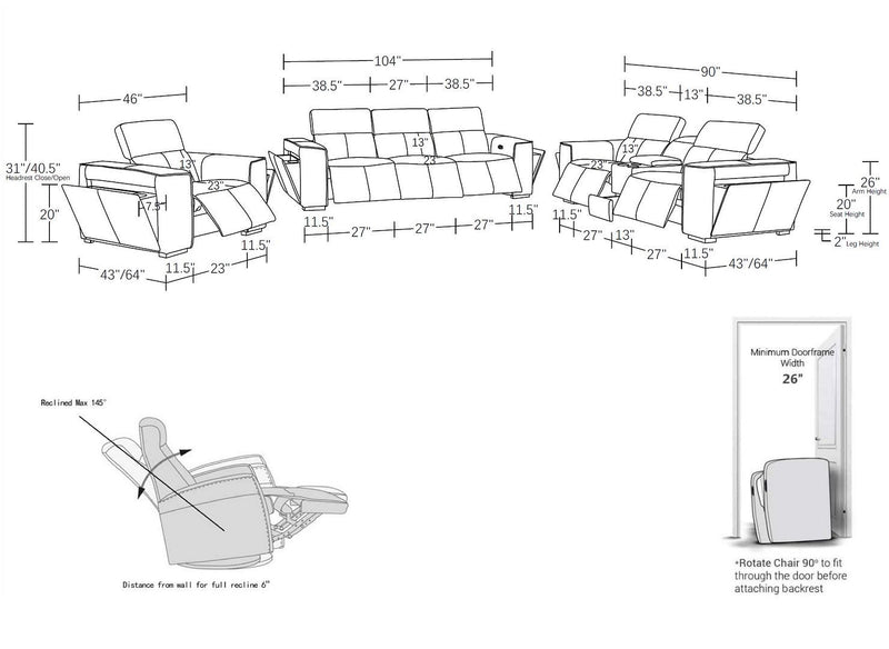 1224 - 7-Piece Modular Power Reclining Sofa, Loveseat & Chair Set In With 6 Power Recliners & Power Headrests