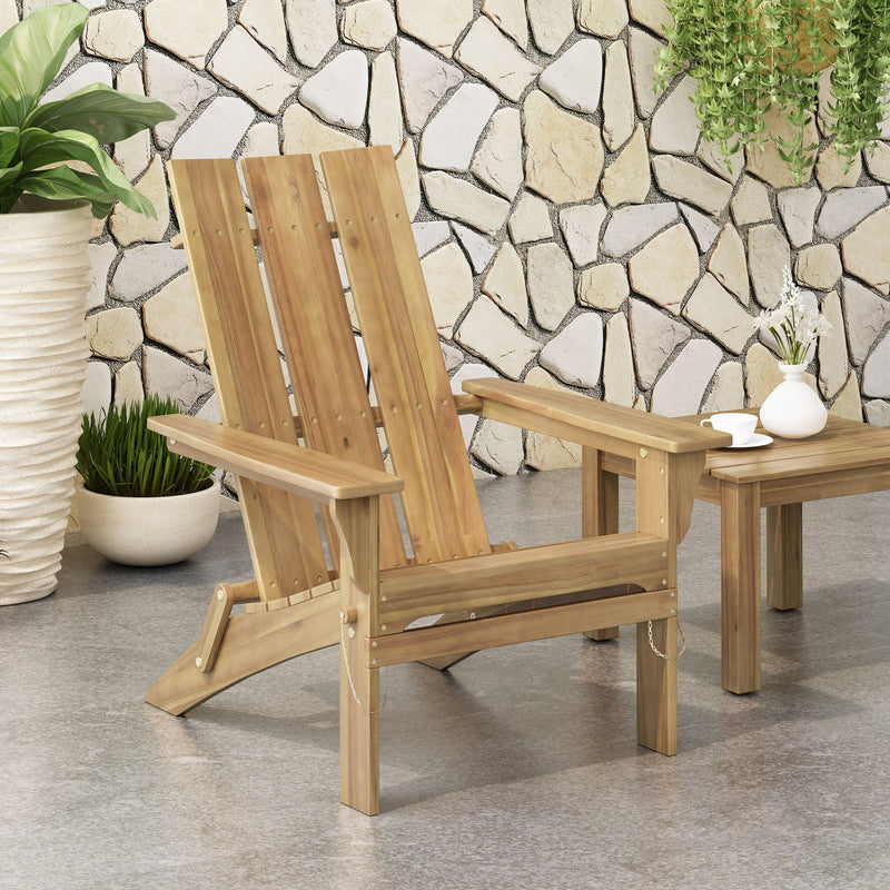 Noble House outdoor foldable Adirondack chair with slat back in natural wood, designed for patio or garden relaxation.