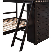 DreamHaus bunk bed with six drawers, flexible shelves, and a bottom bed on wheels, ideal for space-saving bedroom storage.