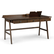 Natural aged brown Rylie writing desk by Simpli-Home with a spacious surface and sturdy wooden legs, ideal for home office use
