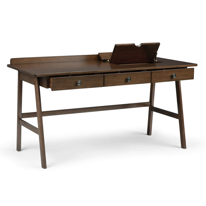 Natural aged brown Rylie writing desk by Simpli-Home with a spacious surface and sturdy wooden legs, ideal for home office use