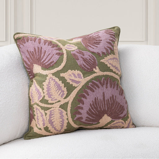 Olive green and multi-colored accent pillow from Classic Home, 22x22 inches, with a stylish, textured fabric design.