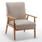 Wide classic mid-century modern arm chair by US Pride with wooden legs and cushioned seat in neutral fabric.