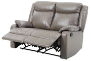 Glory Furniture reclining loveseat for two with plush fabric and padded armrests, perfect for comfortable two-person seating.