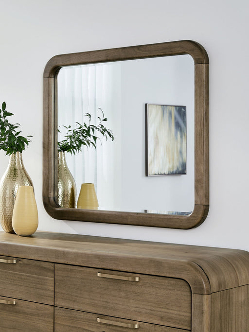 Modus Kione beveled glass wall or dresser mirror in Lioness finish, showcasing a sleek, modern design with beveled edges.